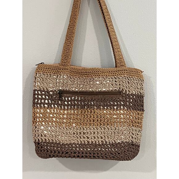 The Sak Crochet Shoulder Bag Tan Brown Ombré Boho Beach Tote Purse Zip Pocket - Picture 2 of 11